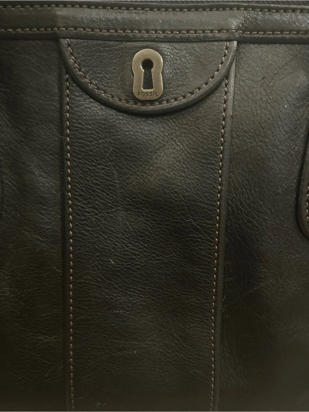 Fossil Dark Brown Leather Satchel Shoulder Bag Key Charm